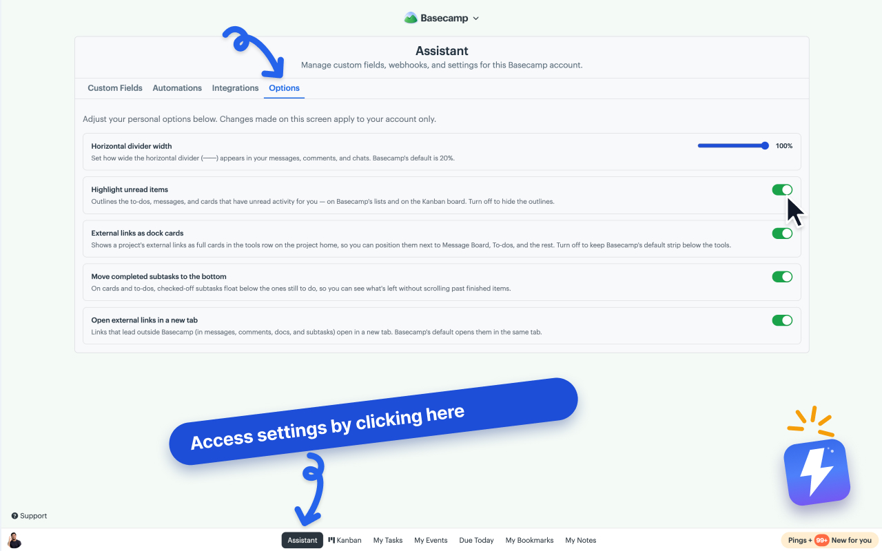 The Assistant Options tab showing the horizontal divider width slider and the open-external-links-in-a-new-tab toggle