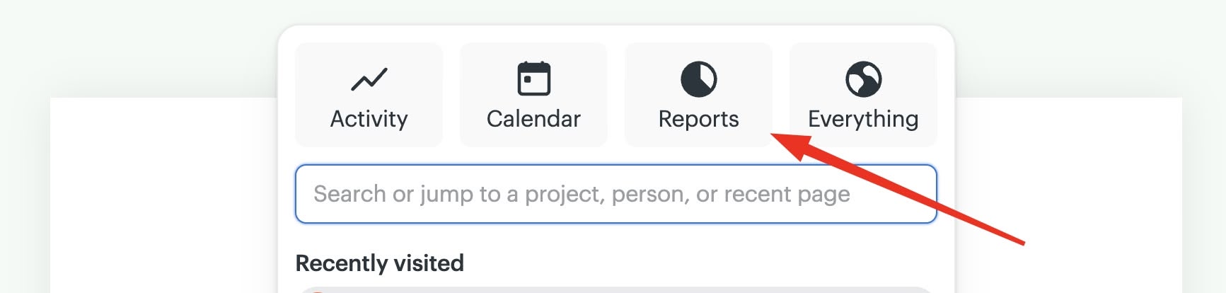 Basecamp's jump menu, opened with Cmd + J or Ctrl + J, showing the Reports tab