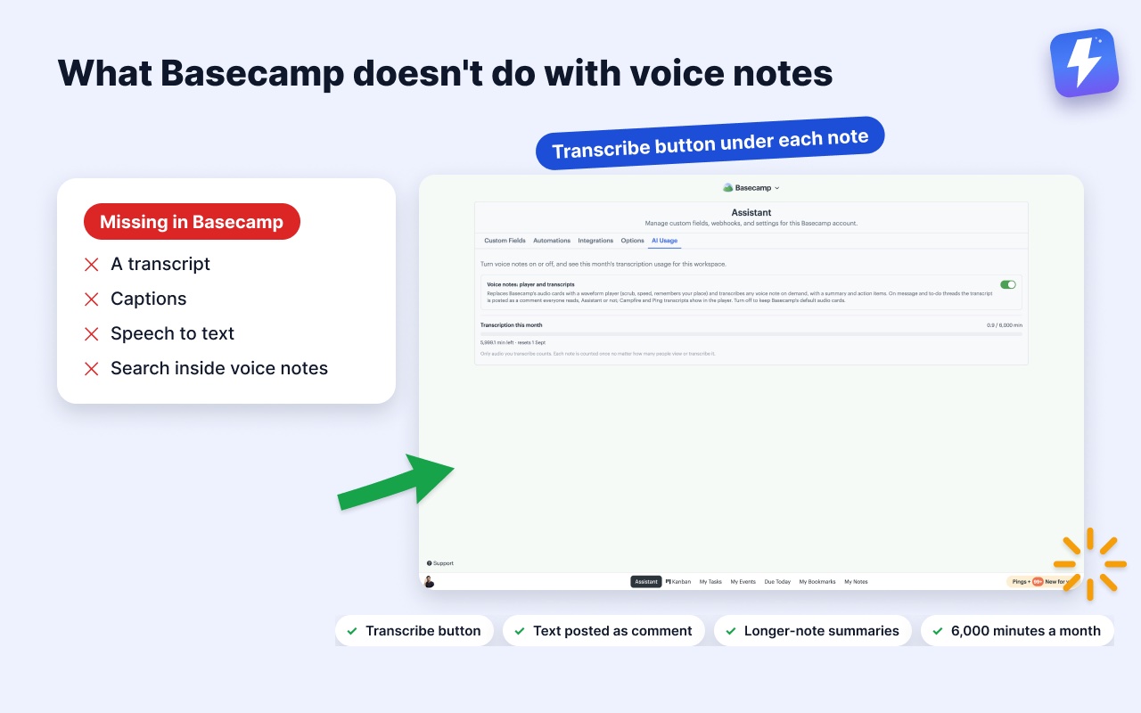 Assistant for Basecamp adding a Transcribe button under a voice note and posting the transcript as a comment.