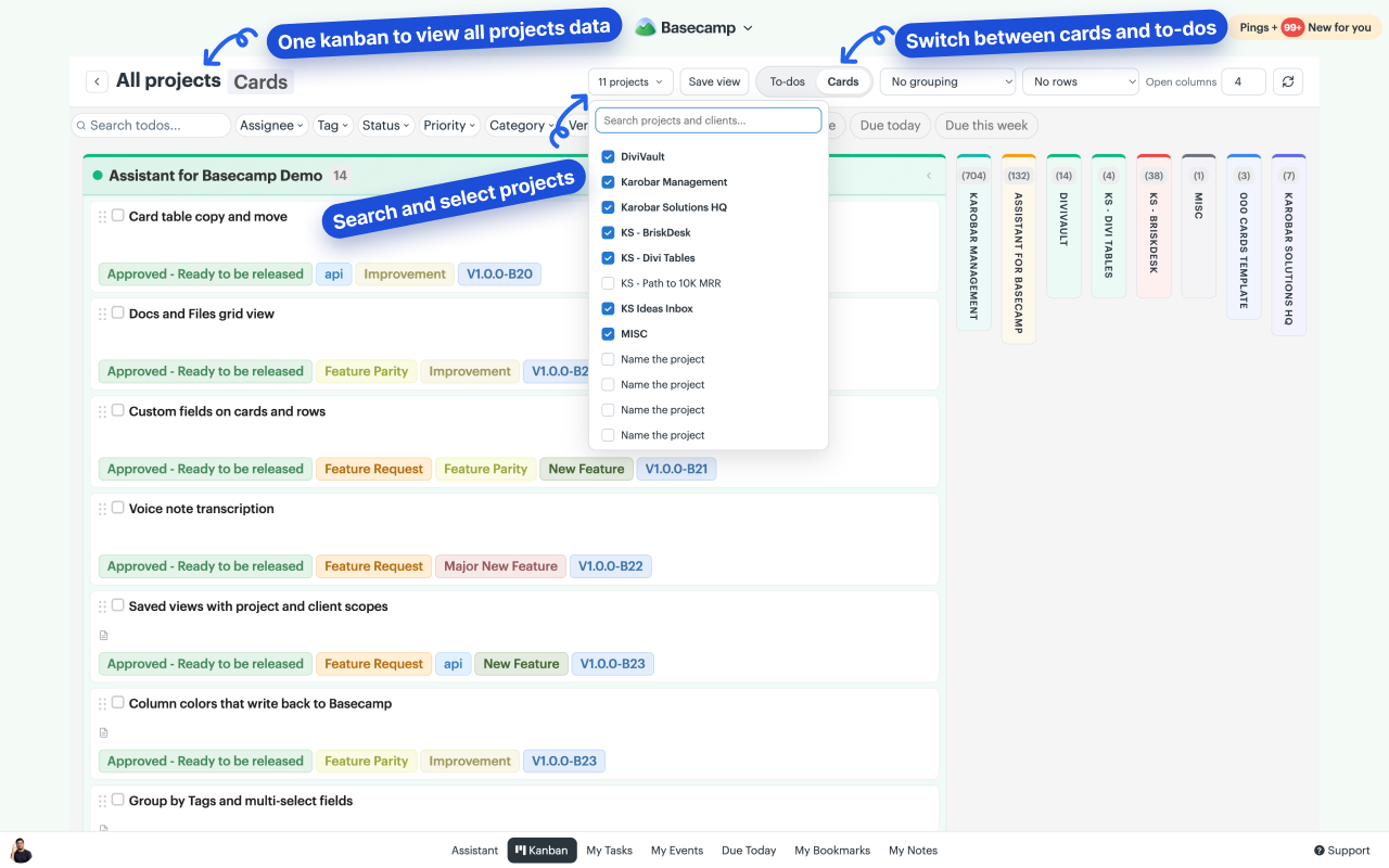 Assistant's All projects board in Cards mode, with the picker open to search projects and clients and choose which ones the board covers