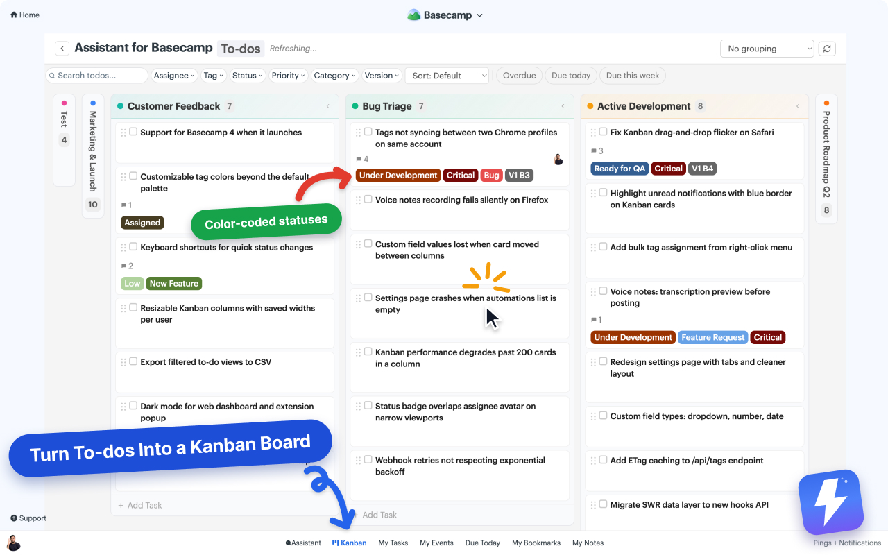 Kanban board layered on Basecamp to-do lists