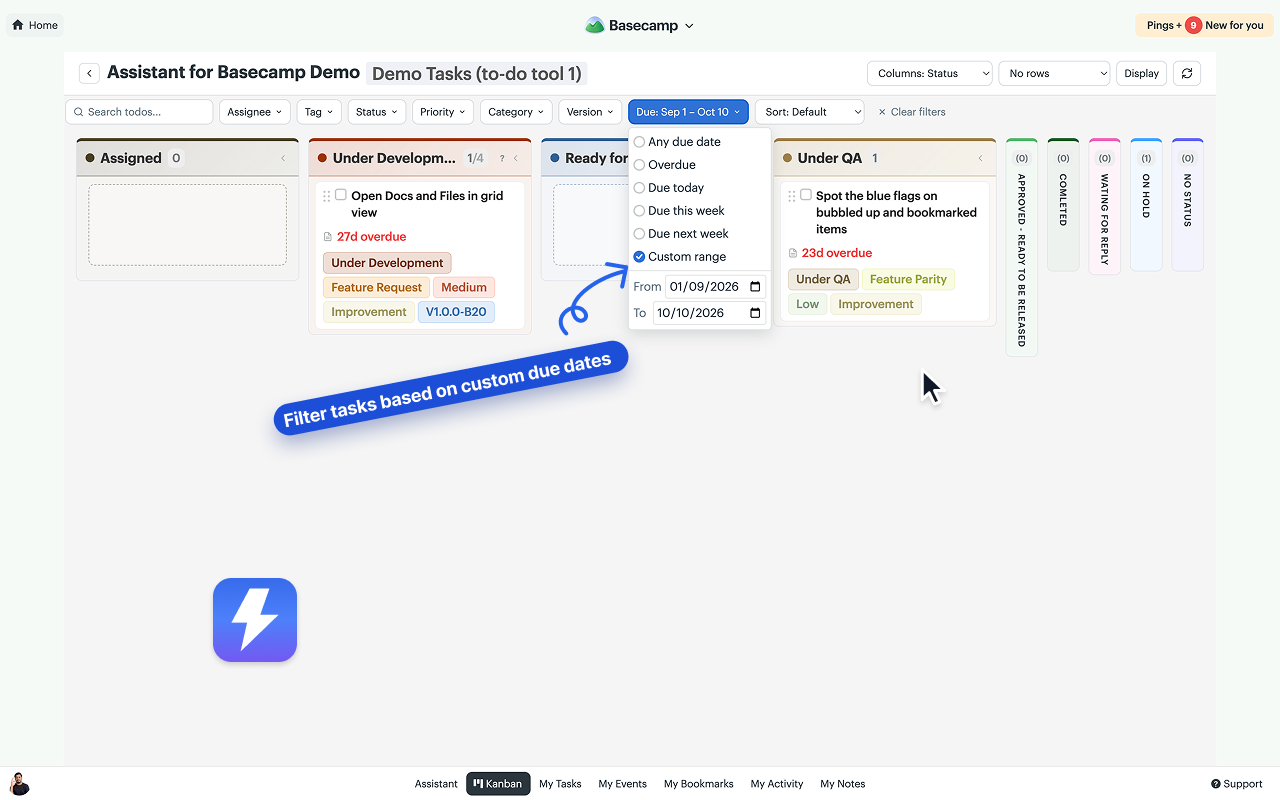 An Assistant Kanban board with the Due date filter open to Custom range, showing start and end date fields and the matching to-dos