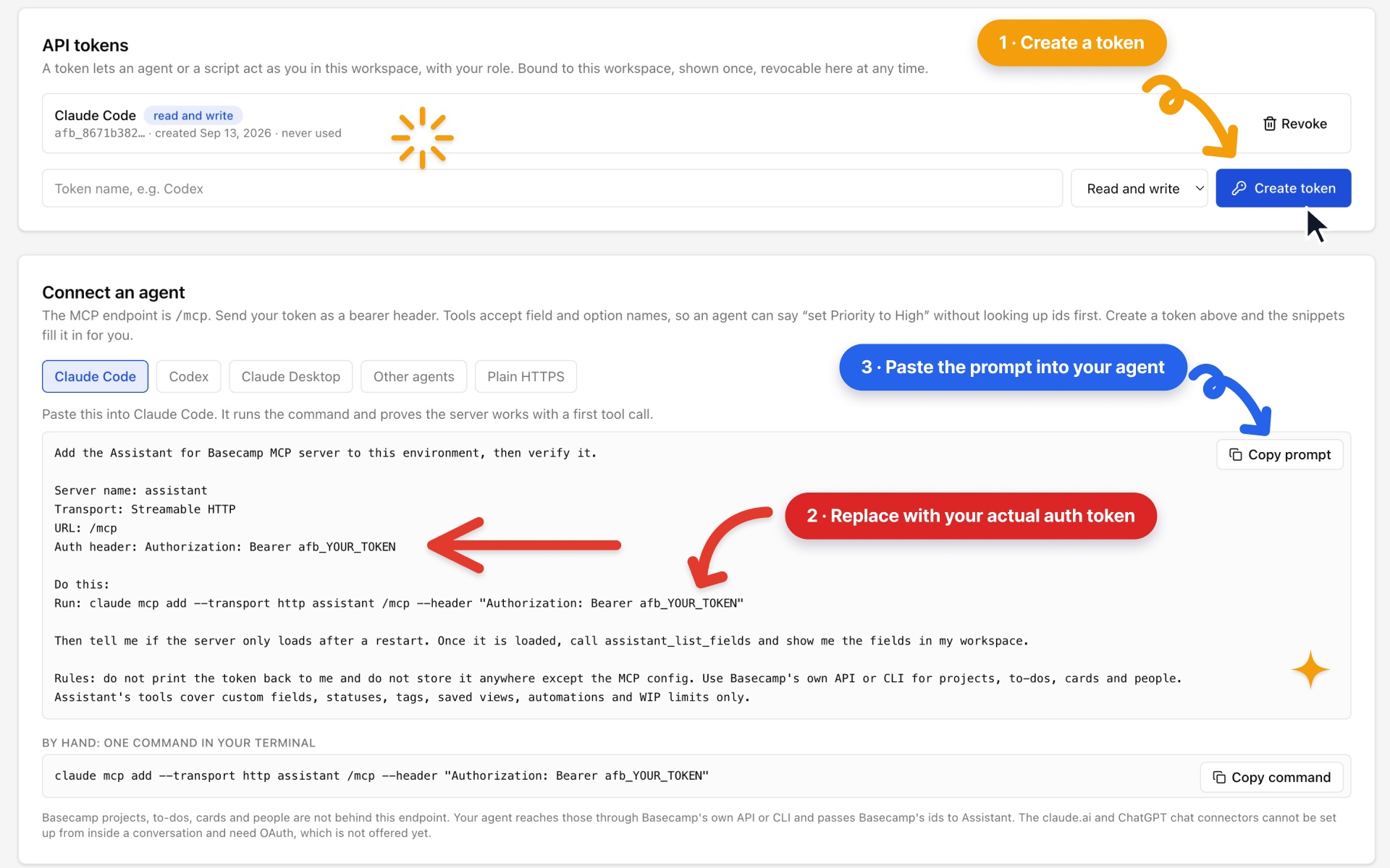 The MCP page on the Assistant dashboard, with the connected apps, a newly created token shown once, and the connection snippets for Claude Code and Codex