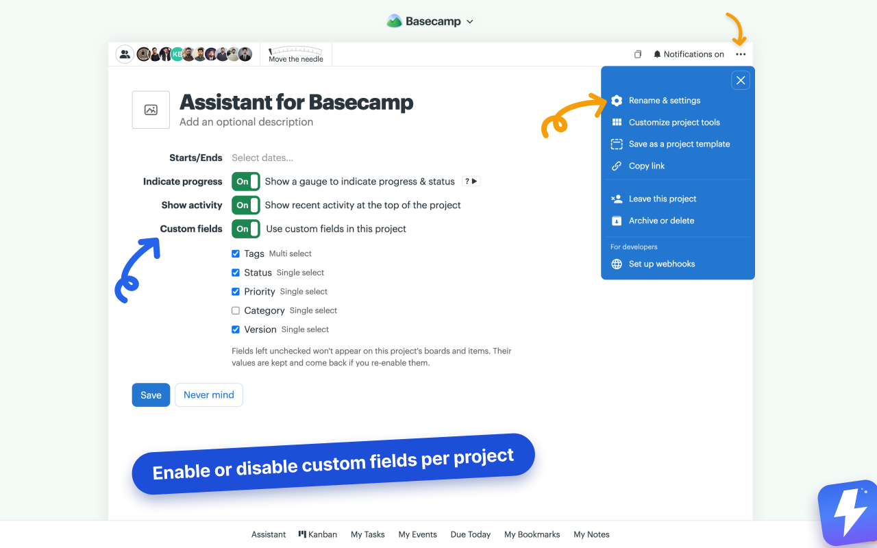 Enabling or disabling individual custom fields for one project from Basecamp's Rename & settings page